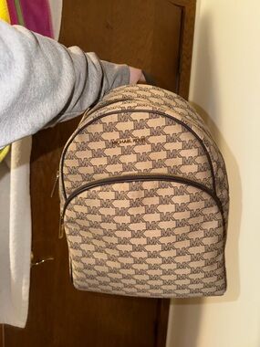 Michael Kors Tan Logo Canvas Backpack with Brown Trim